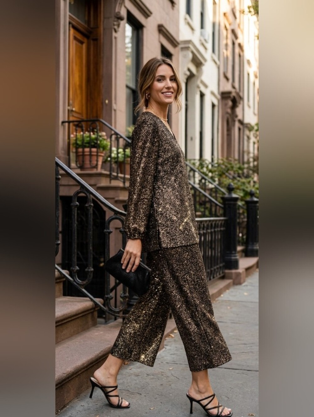 Vintage Shimmering Gold & Black 2-Piece Tunic & Pants Set